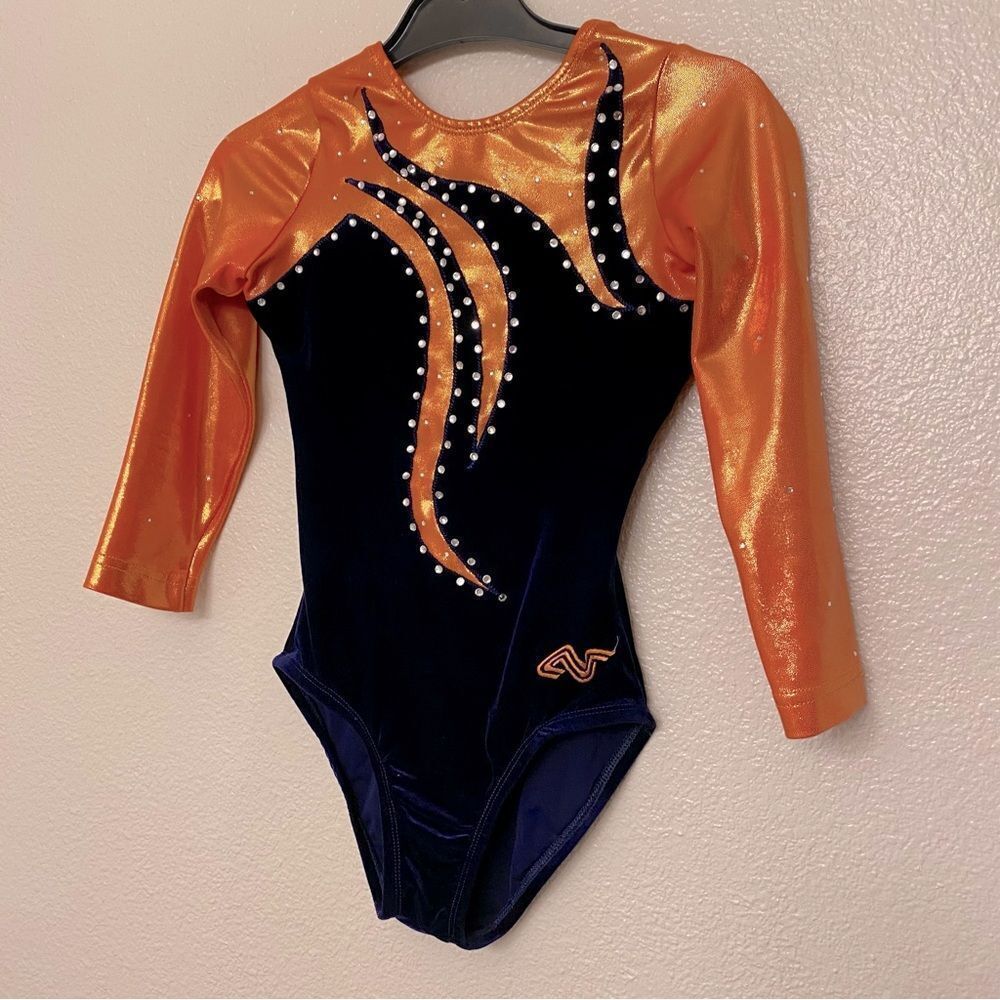 Alpha Factor Gymnastics Competition Leotard 3/4 rhinestone orange blue velvet CL